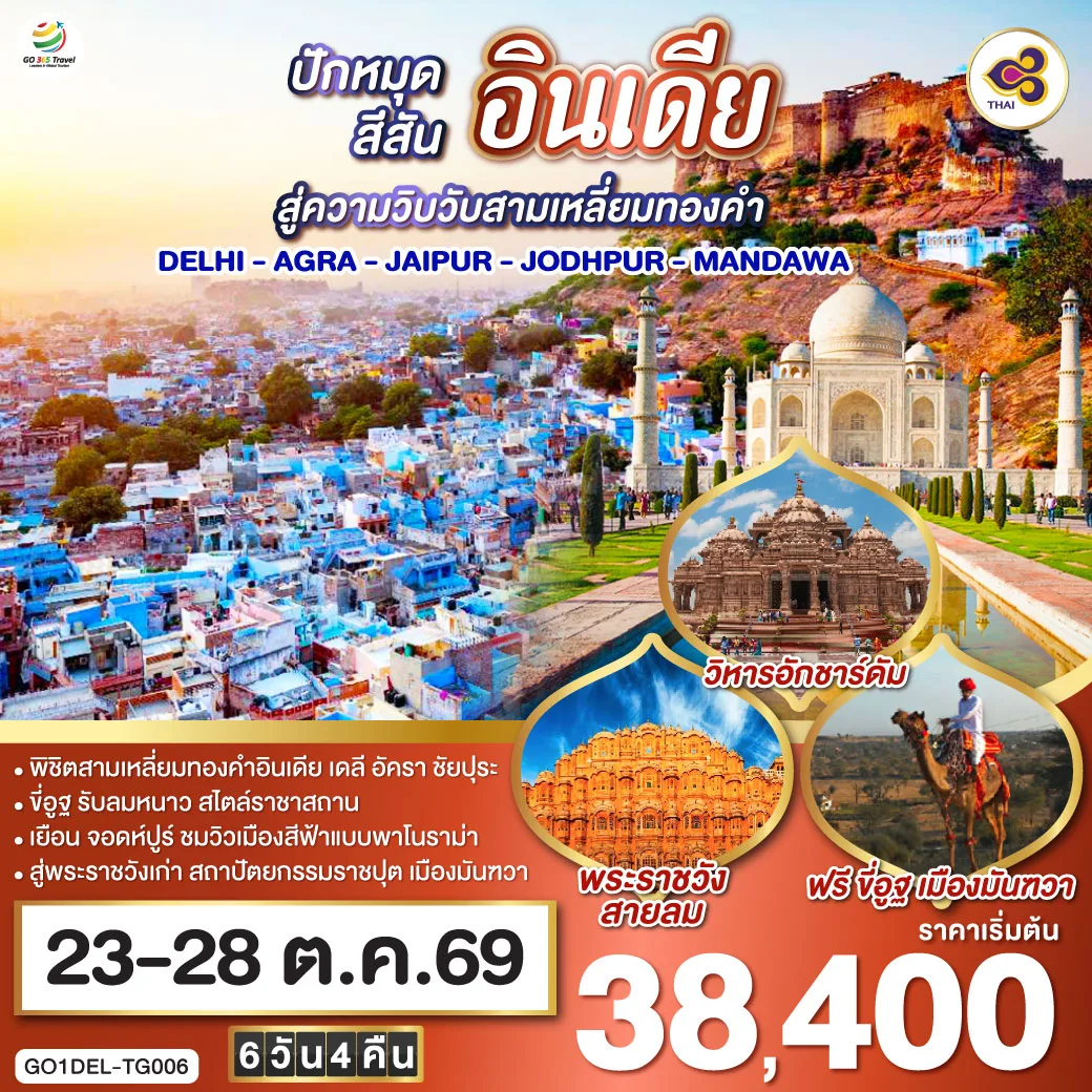 ขี่อูฐ INDIA เมือง PINK & BLUE CITY  ปักหมุดสีสันสู่ความวิบวับสามเหลี่ยมทองคำ DELHI - AGRA - JAIPUR - JODHPUR - MANDAWA   6 วัน 4 คืน โดยสายการบิน Thai Airways (TG)